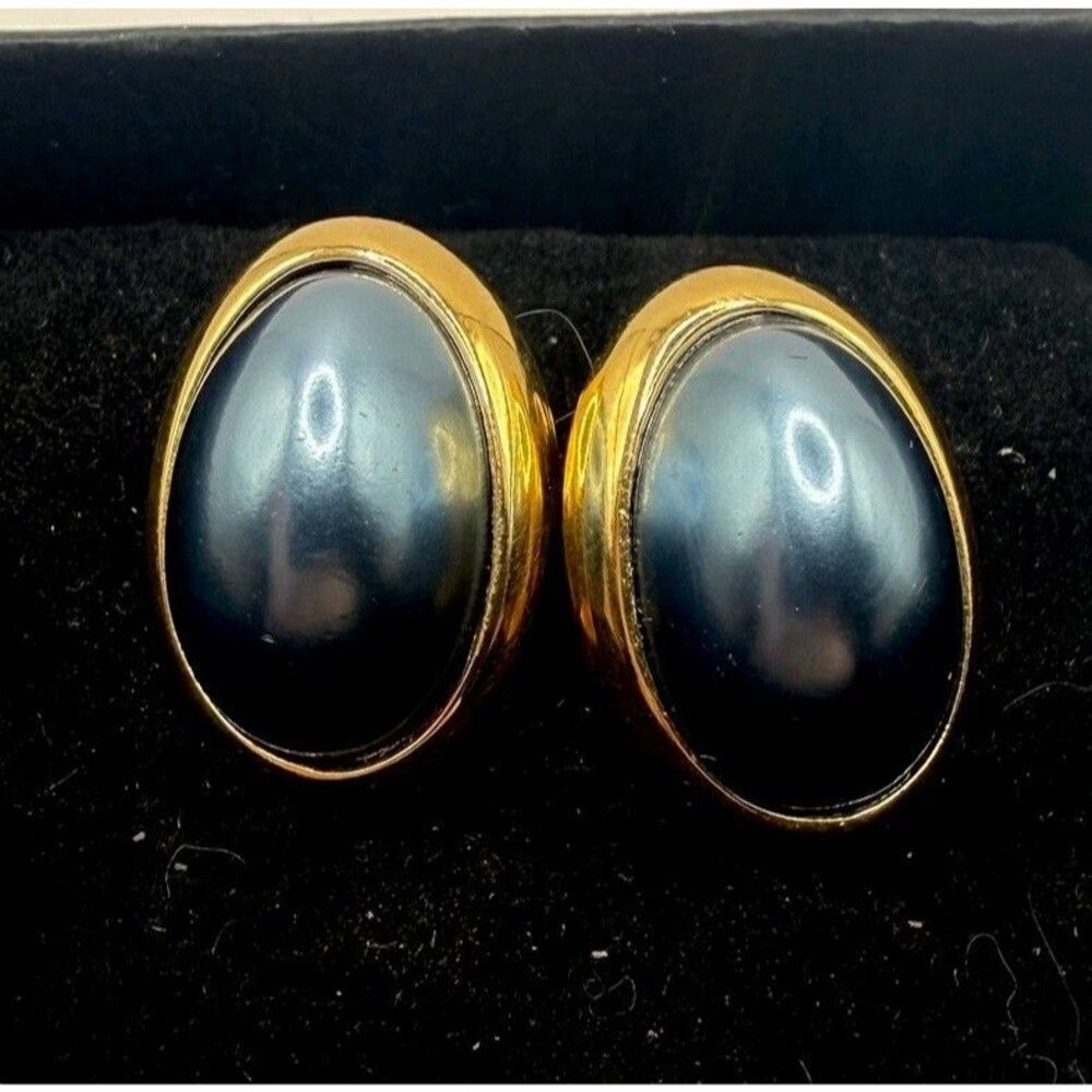 Vintage Richelieu Blue Gray Faux Pearl Domed Gold Tone Stud Retro Earrings Sign